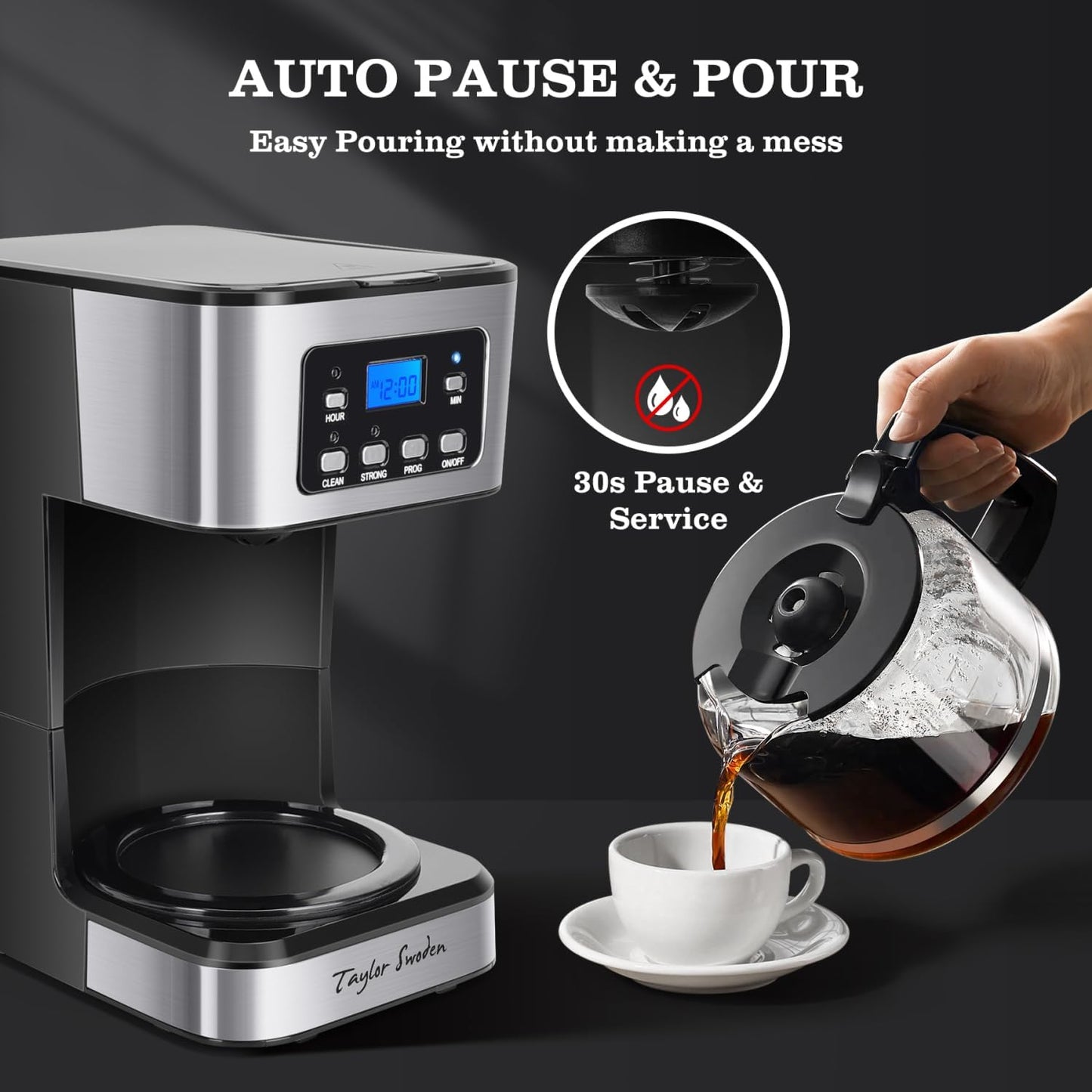 12-Cup Programmable Coffee Maker, Regular & Strong Brew Drip Coffee Machine for Home and Office, Glass Carafe, Pause & Serve, Auto Shut Off, Black & Stainless Steel