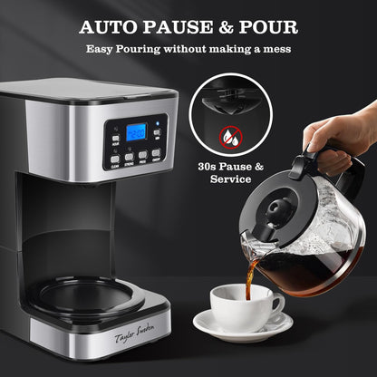 12-Cup Programmable Coffee Maker, Regular & Strong Brew Drip Coffee Machine for Home and Office, Glass Carafe, Pause & Serve, Auto Shut Off, Black & Stainless Steel