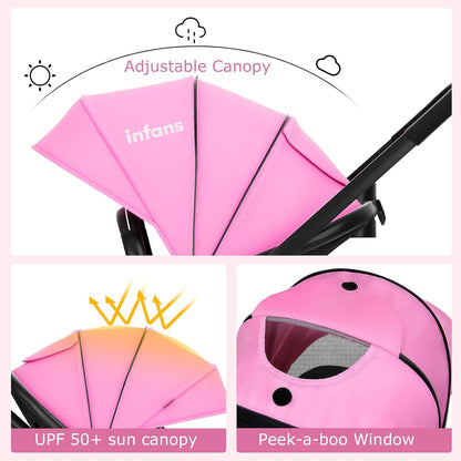 2 in 1 Baby Stroller, High Landscape Infant Stroller & Reversible Bassinet Pram, Foldable Pushchair with Adjustable Canopy, Storage Basket, Cup Holder, Suspension Wheels (Pink)