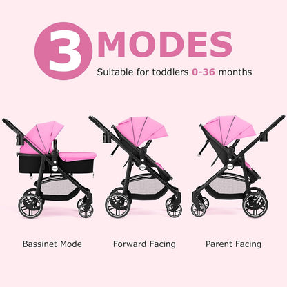 2 in 1 Baby Stroller, High Landscape Infant Stroller & Reversible Bassinet Pram, Foldable Pushchair with Adjustable Canopy, Storage Basket, Cup Holder, Suspension Wheels (Pink)