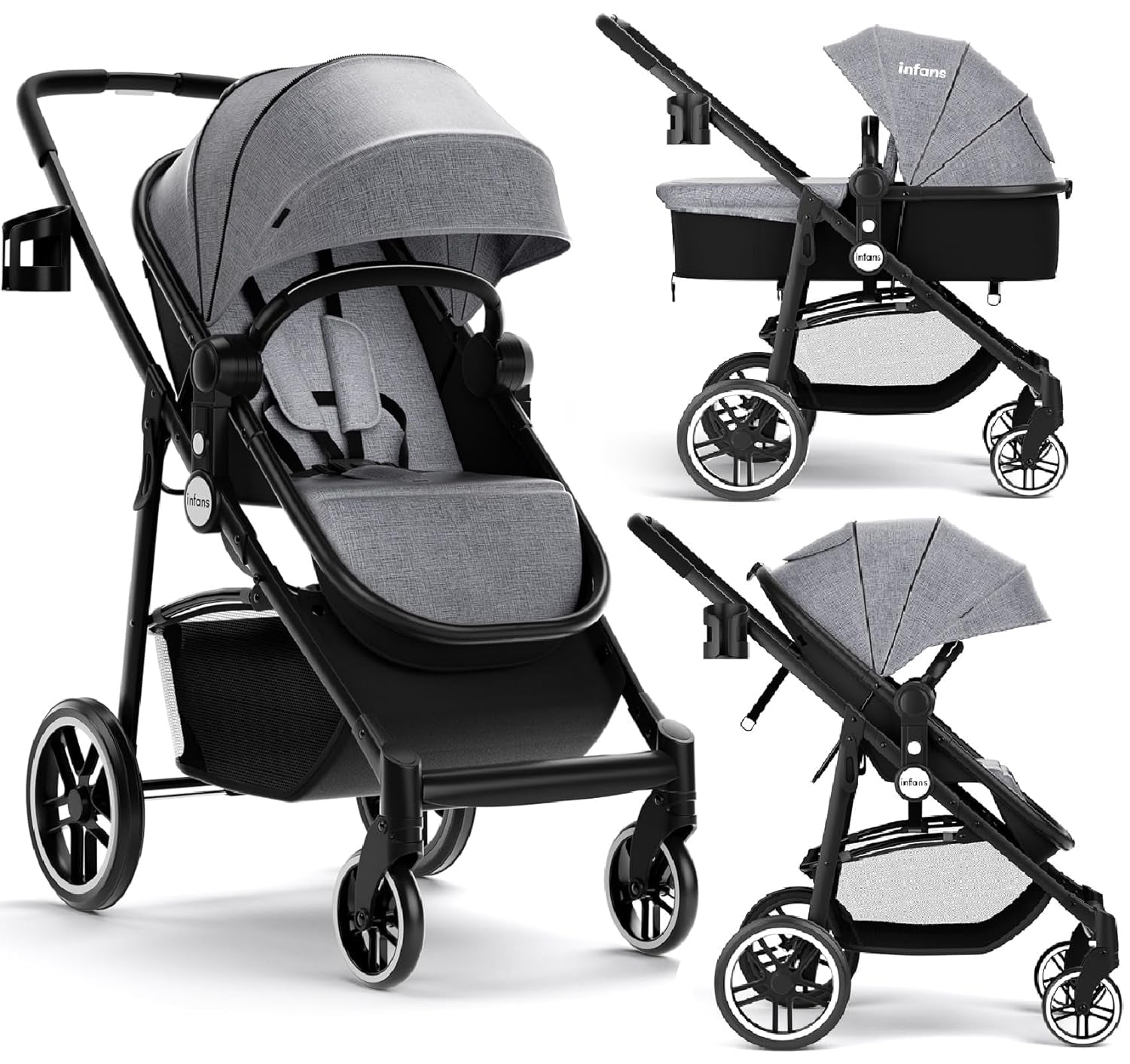 2 in 1 Baby Stroller, High Landscape Infant Stroller & Reversible Bassinet Pram, Foldable Pushchair with Adjustable Canopy, Cup Holder, Storage Basket, Suspension Wheels (Grey)