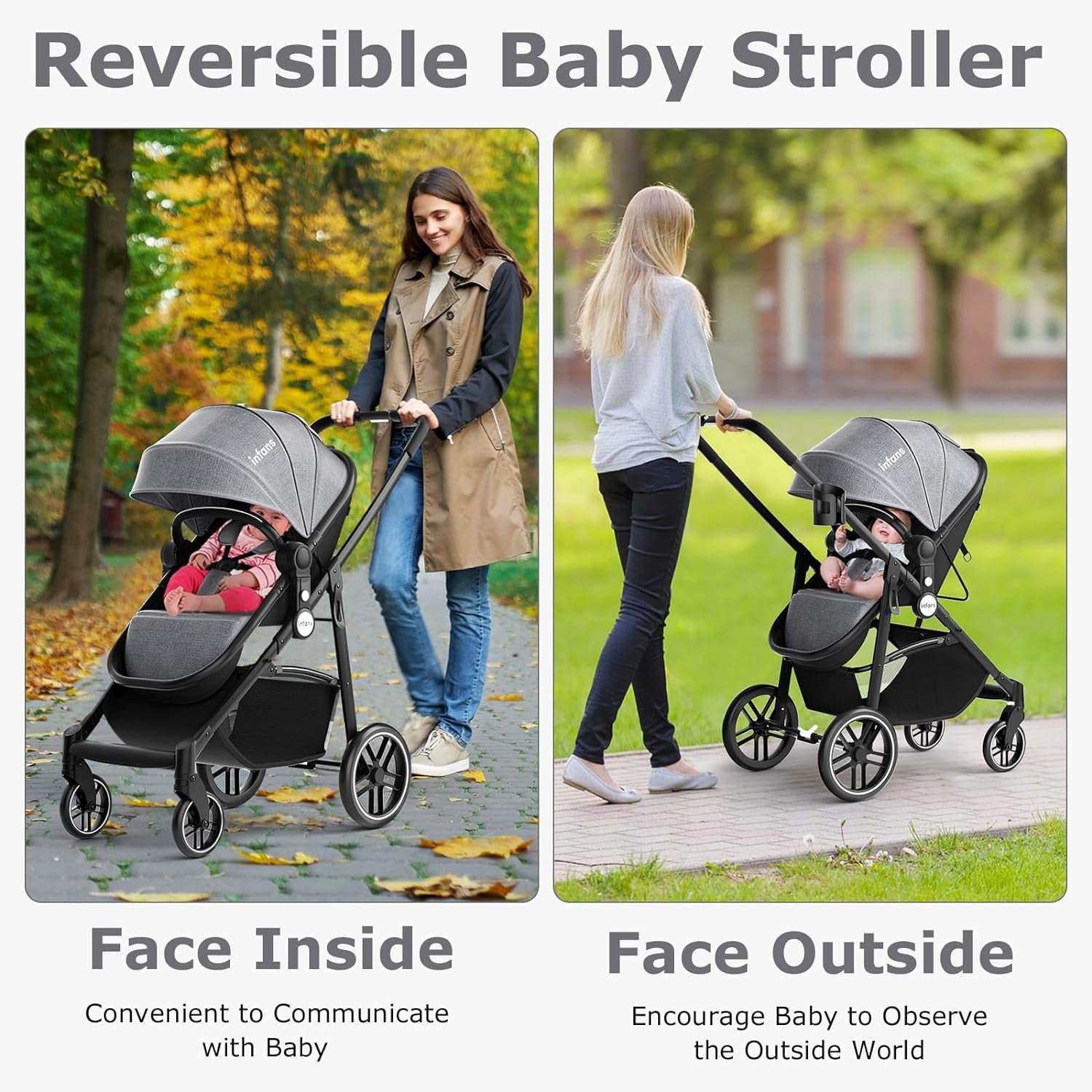 2 in 1 Baby Stroller, High Landscape Infant Stroller & Reversible Bassinet Pram, Foldable Pushchair with Adjustable Canopy, Cup Holder, Storage Basket, Suspension Wheels (Grey)