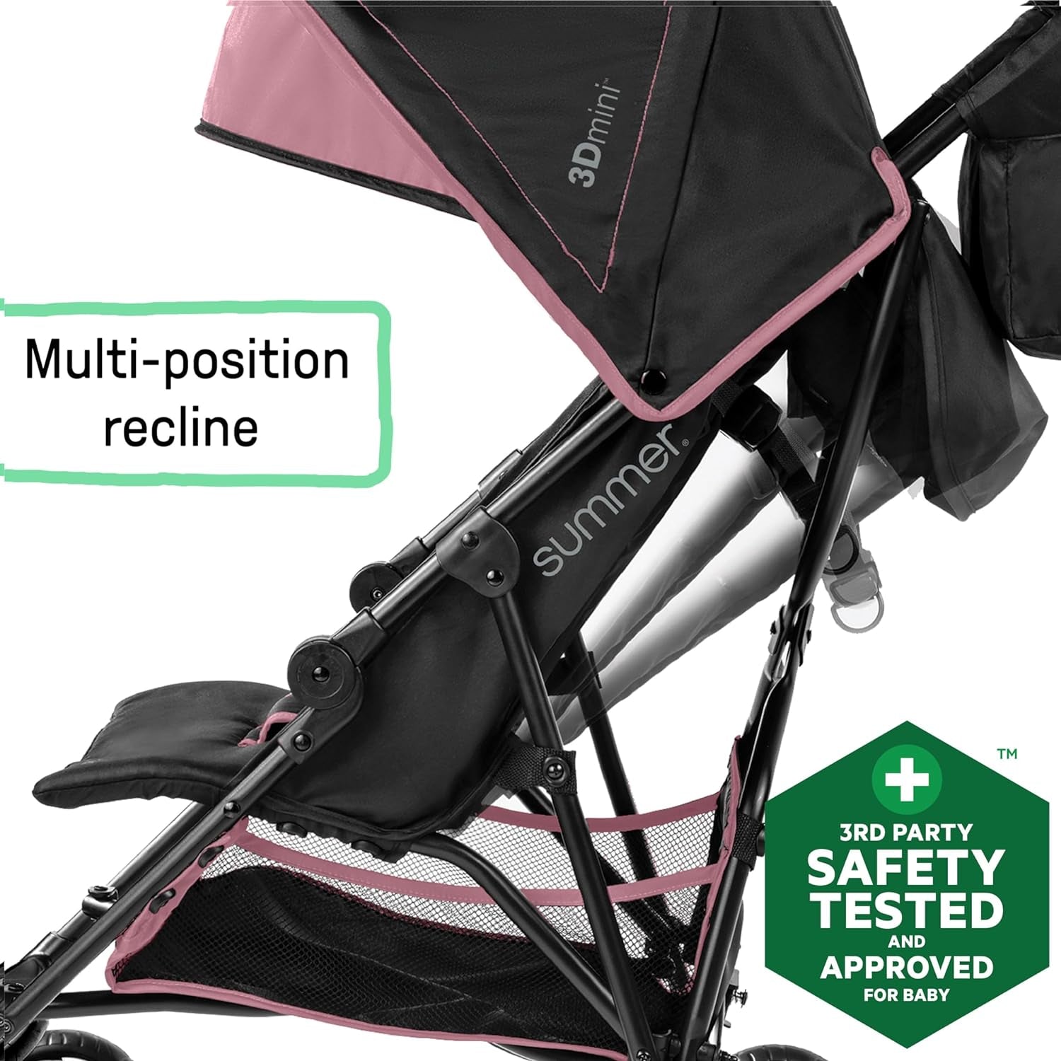 3Dmini Convenience Stroller, Pink – Lightweight Stroller with Compact Fold, Multi-Position Recline, Canopy with Pop Out Sun Visor and More – Umbrella Stroller for Travel