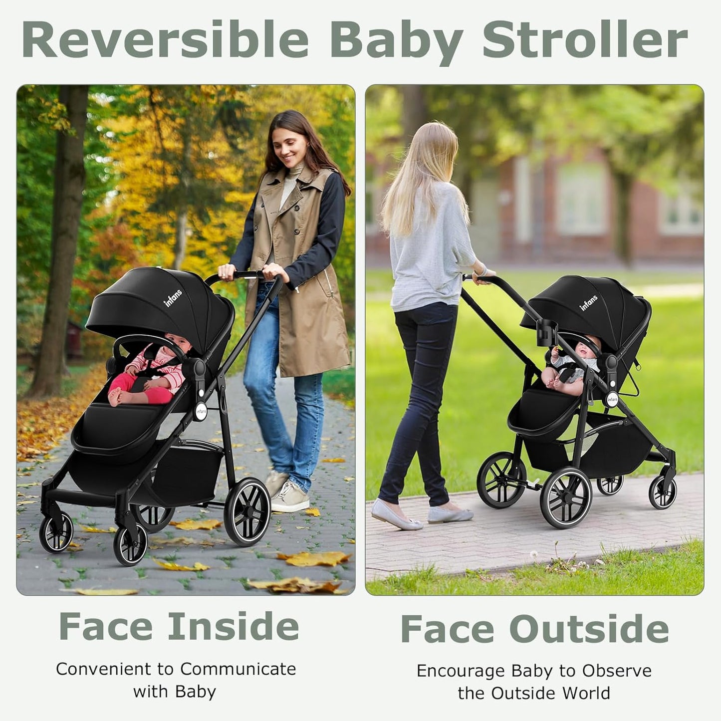 2 in 1 Baby Stroller, High Landscape Infant Stroller & Reversible Bassinet Pram, Foldable Pushchair with Adjustable Canopy, Storage Basket, Cup Holder, Suspension Wheels (Black)