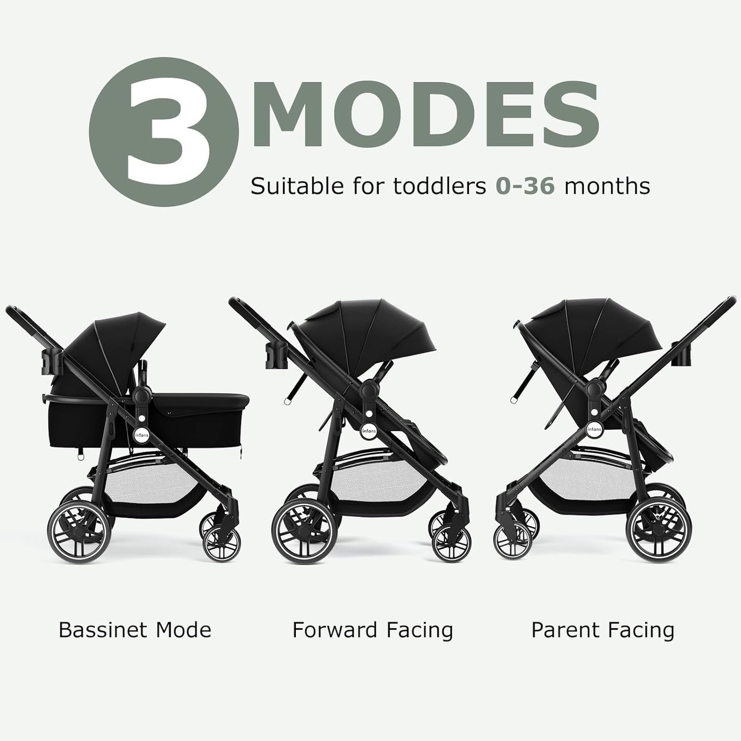 2 in 1 Baby Stroller, High Landscape Infant Stroller & Reversible Bassinet Pram, Foldable Pushchair with Adjustable Canopy, Storage Basket, Cup Holder, Suspension Wheels (Black)
