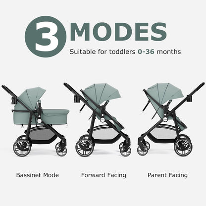 2 in 1 Baby Stroller, High Landscape Infant Stroller & Reversible Bassinet Pram, Foldable Pushchair with Adjustable Canopy, Cup Holder, Storage Basket, Suspension Wheels (Green)