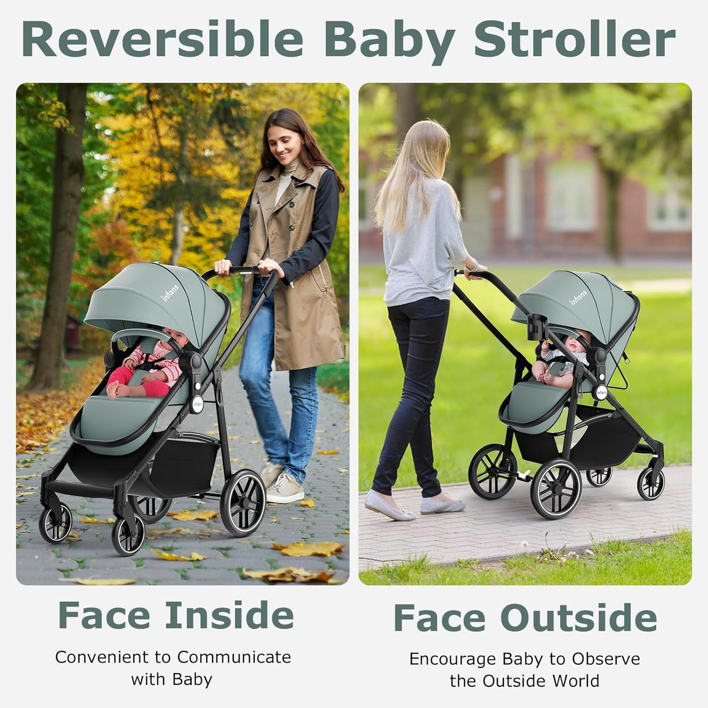 2 in 1 Baby Stroller, High Landscape Infant Stroller & Reversible Bassinet Pram, Foldable Pushchair with Adjustable Canopy, Cup Holder, Storage Basket, Suspension Wheels (Green)