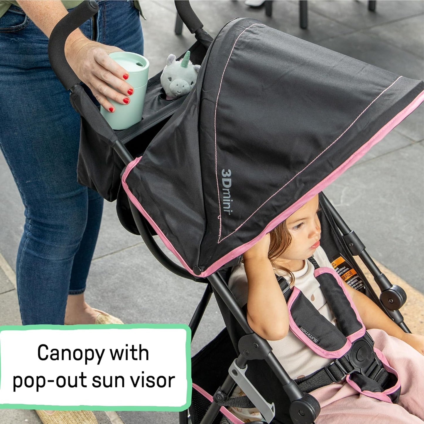 3Dmini Convenience Stroller, Pink – Lightweight Stroller with Compact Fold, Multi-Position Recline, Canopy with Pop Out Sun Visor and More – Umbrella Stroller for Travel